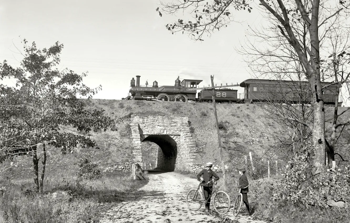 Фото обои пейзаж, велосипед, ретро, люди, паровоз, вагон, США, тоннель
