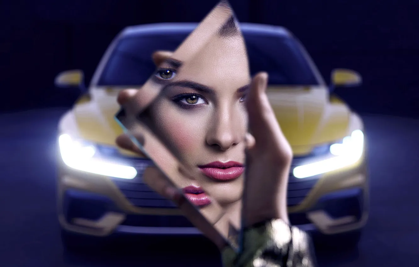 Фото обои Volkswagen, Girl, Lights, Yellow, Mirror, Reflection, VAG, Arteon