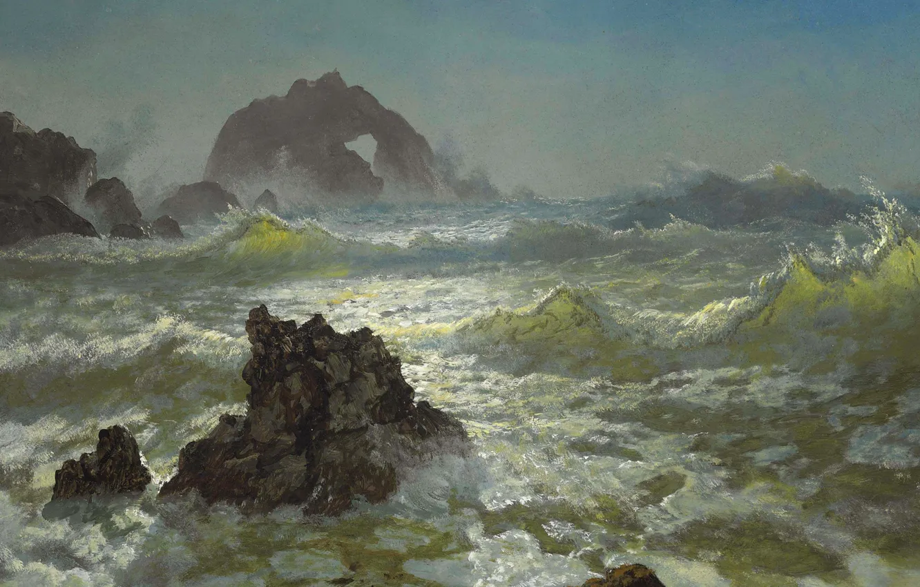 Фото обои шторм, скалы, картина, морской пейзаж, Альберт Бирштадт, Сил Рокс. Калифорния