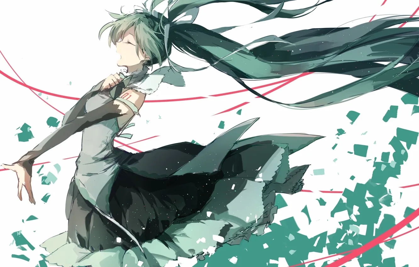 Фото обои девушка, ленты, арт, vocaloid, hatsune miku, поет, shuzi