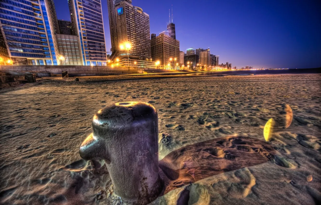 Фото обои пляж, ночь, небоскребы, америка, чикаго, Chicago