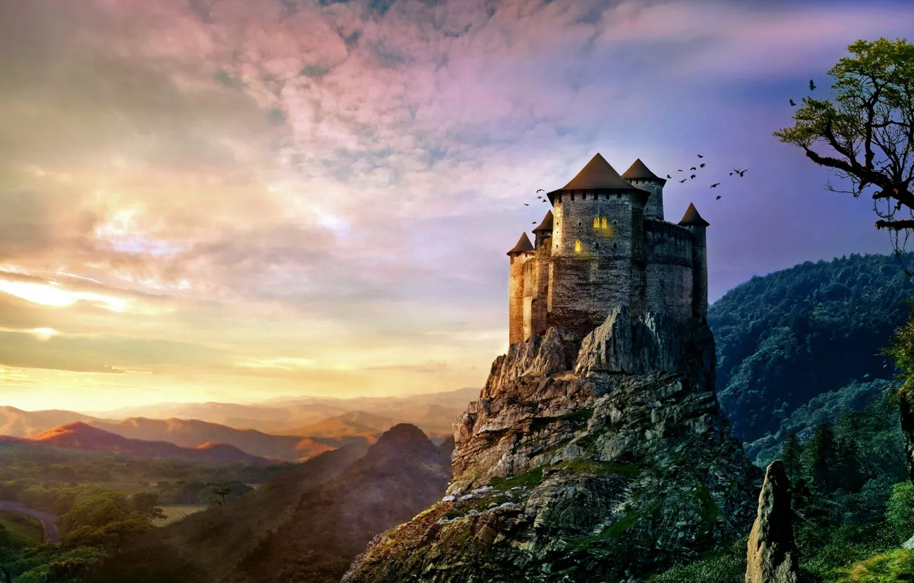Фото обои sky, landscape, birds, castle, montain, Castle in the Clouds