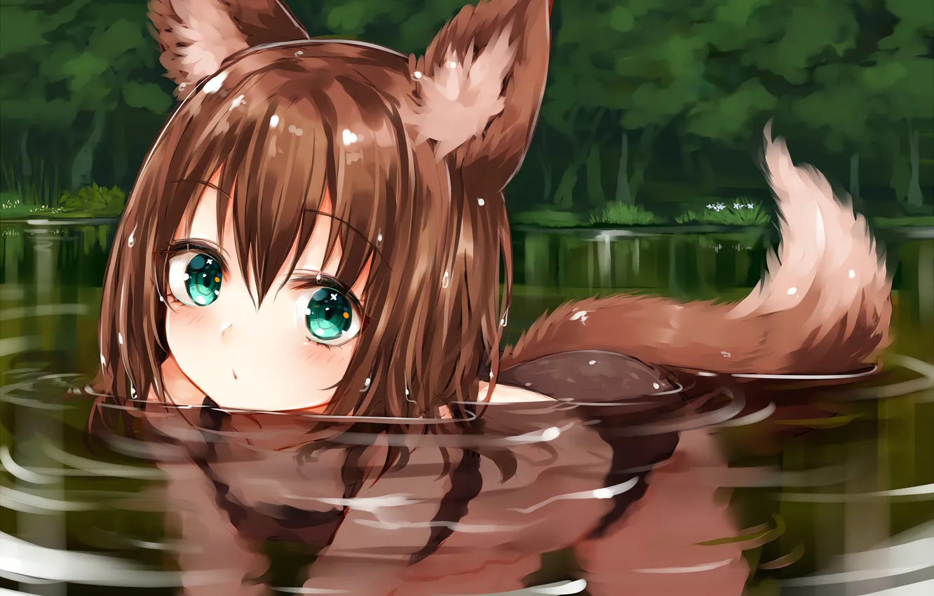 Фото обои girl, wet, green eyes, trees, brown hair, nature, animal ears, anime