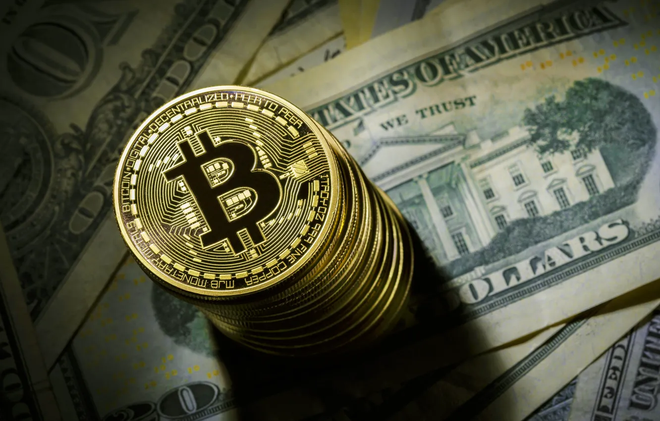 Фото обои размытие, доллар, монета, dollar, coin, bitcoin, биткоин