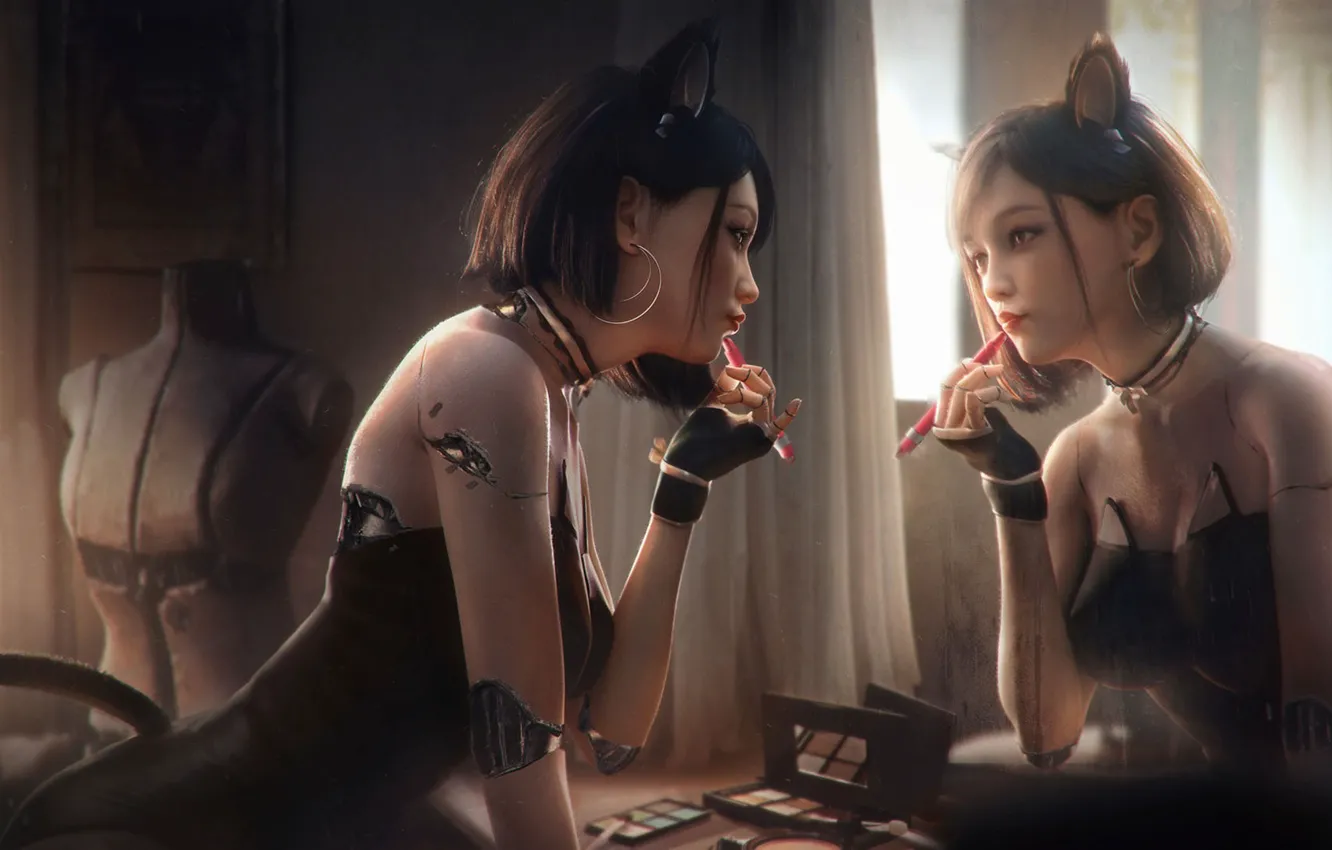 Фото обои девушка, отражение, зеркало, киборг, tian zi