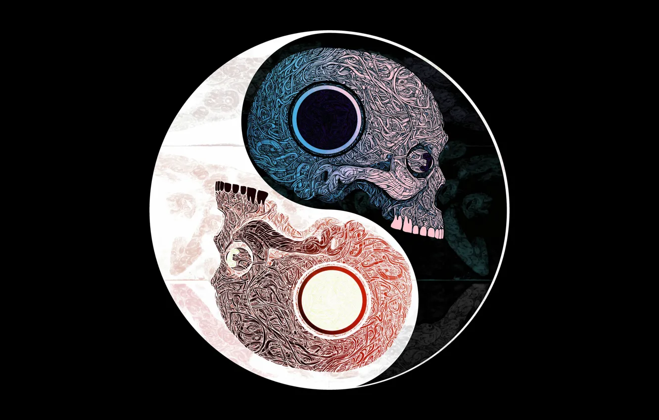 Фото обои узор, символ, черепа, Yin Yang
