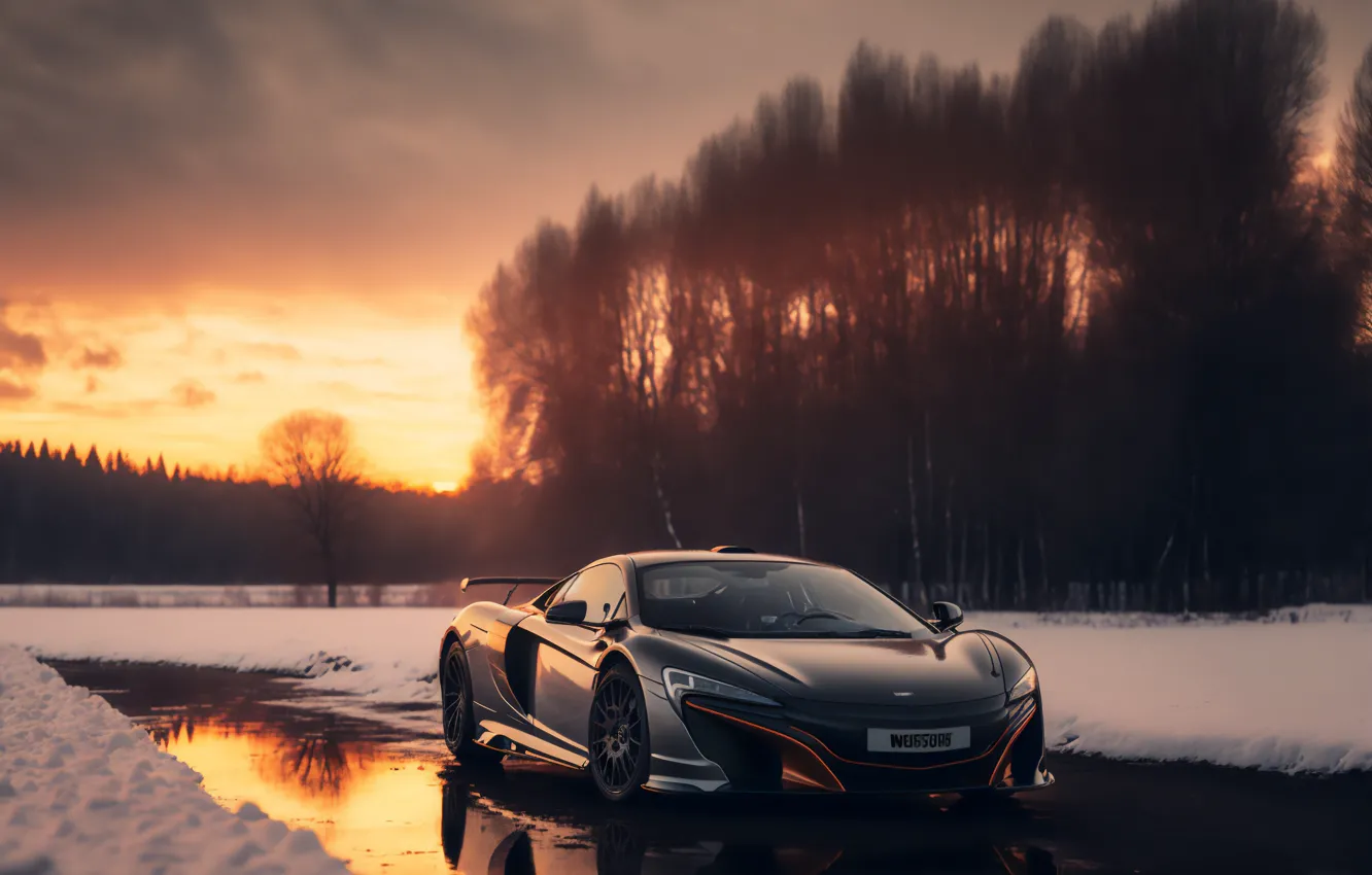 Фото обои car, forest, road, snow, mclaren