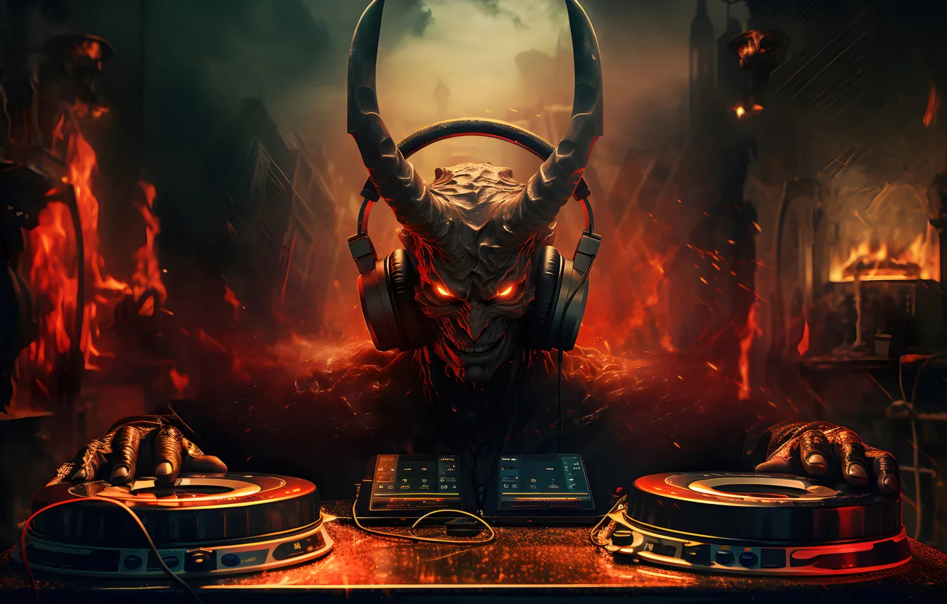 Фото обои Headphones, Digital Art, Demon, AI Generated