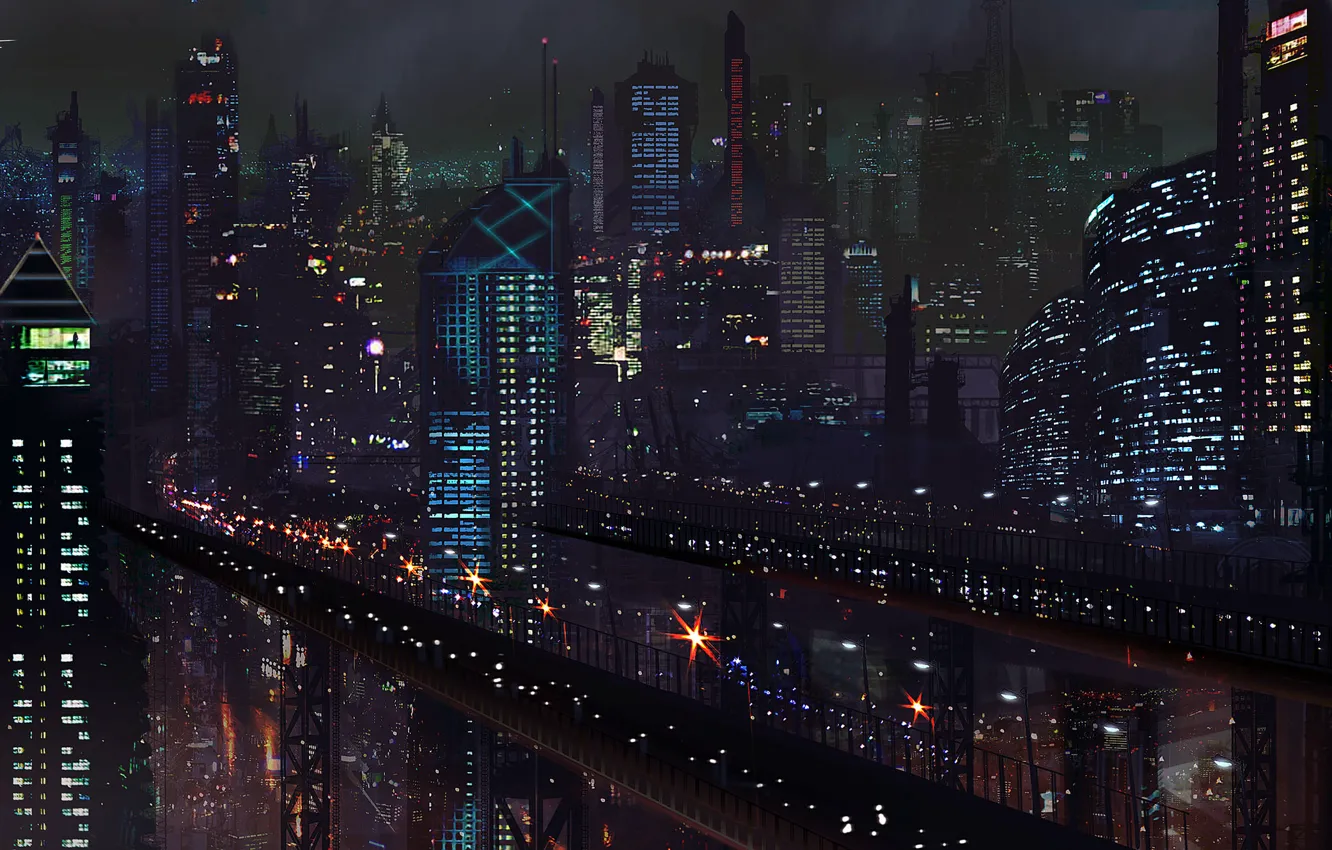 Фото обои ночь, город, будущее, фантастика, дороги, небоскребы, арт