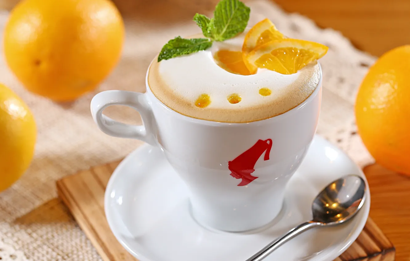 Фото обои пена, кофе, апельсины, молоко, ложка, чашка, белая, кусочки
