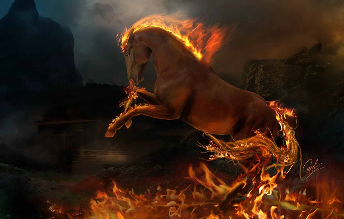 Фото обои огонь, пламя, животное, конь