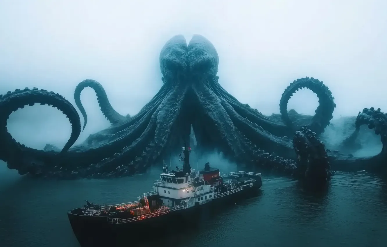 Фото обои Море, Туман, Корабль, Щупальцы, Цифровое искусство, Морское чудовище, ИИ-арт, Искусство искусственного интеллекта