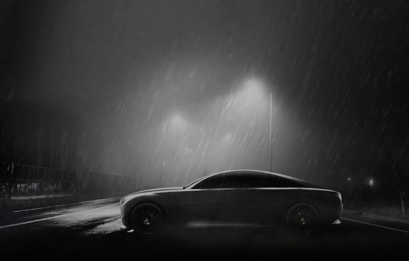 Фото обои Дорога, Ночь, Машина, Свет, Дождь, Art, Ливень, Черно - белое