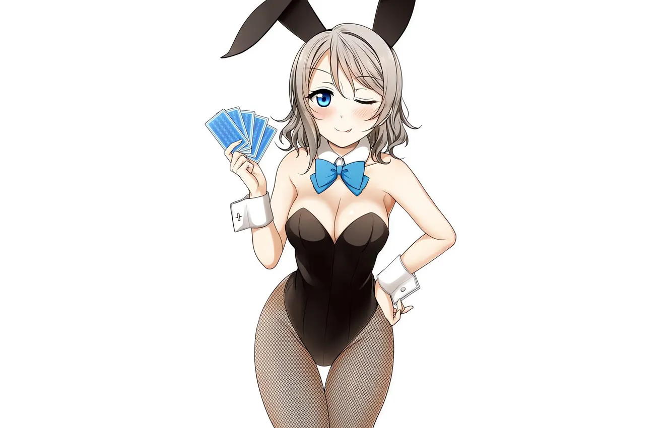 Фото обои girl, sexy, cleavage, boobs, anime, blue eyes, beautiful, short hair