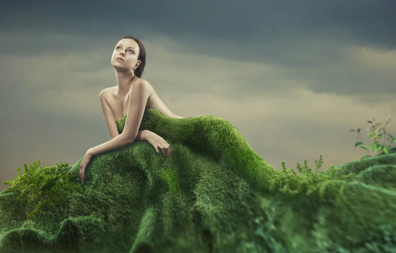 Фото обои трава, взгляд, девушка, креатив, шатенка