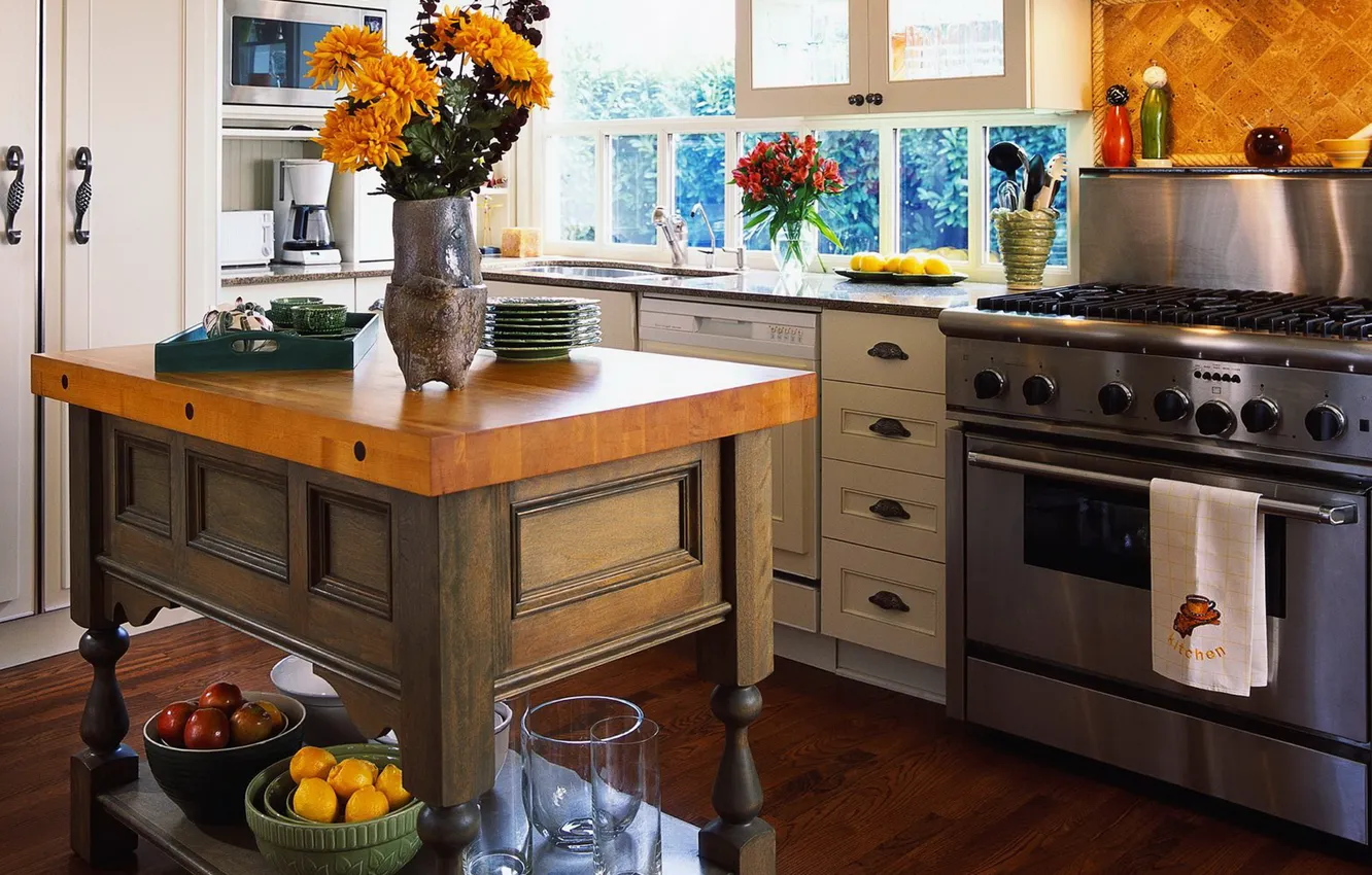 Фото обои цветы, стиль, стол, интерьер, кухня, плита, посуда