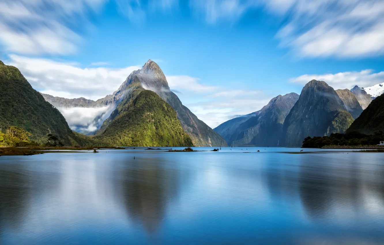 Фото обои landscape, land, mountain, lake, morning, journey, milford, mitre