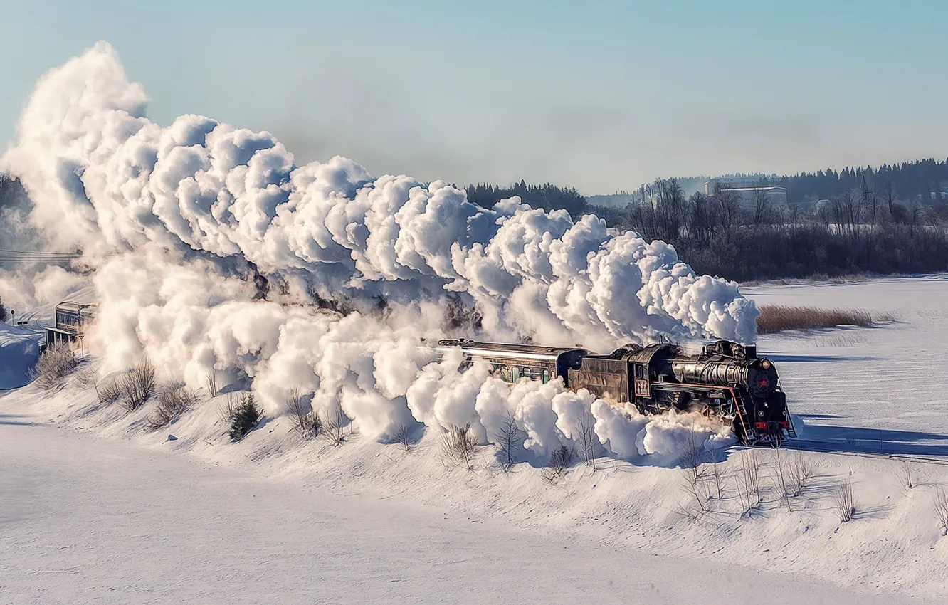 Фото обои sky, nature, Steam Train, winter, snow, train, locomotive, vehicle