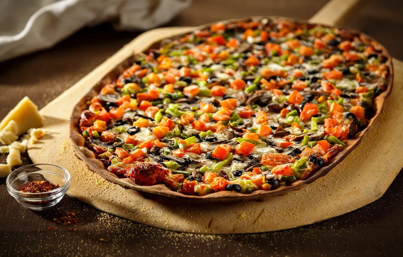 Фото обои сыр, овощи, пицца, оливки
