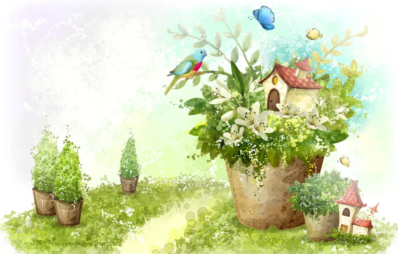Фото обои бабочки, цветы, дом, птица, рисунок, лилии, растения, попугай