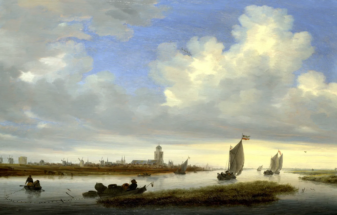Фото обои лодка, картина, парус, морской пейзаж, Salomon van Ruysdael, Саломон ван Рёйсдал, Вид на Девентер с …
