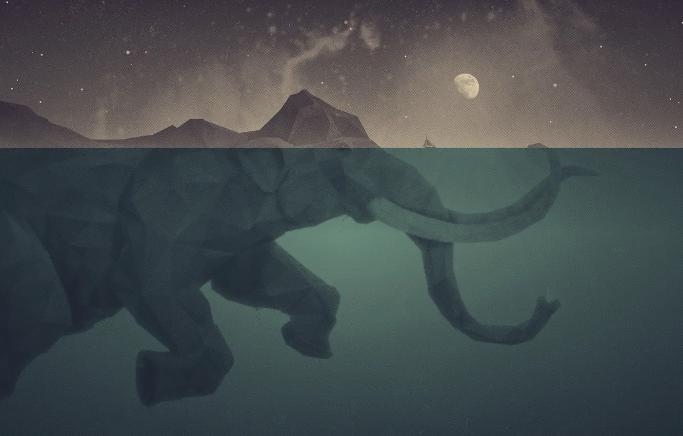 Фото обои море, слон, корабль, остров, Луна