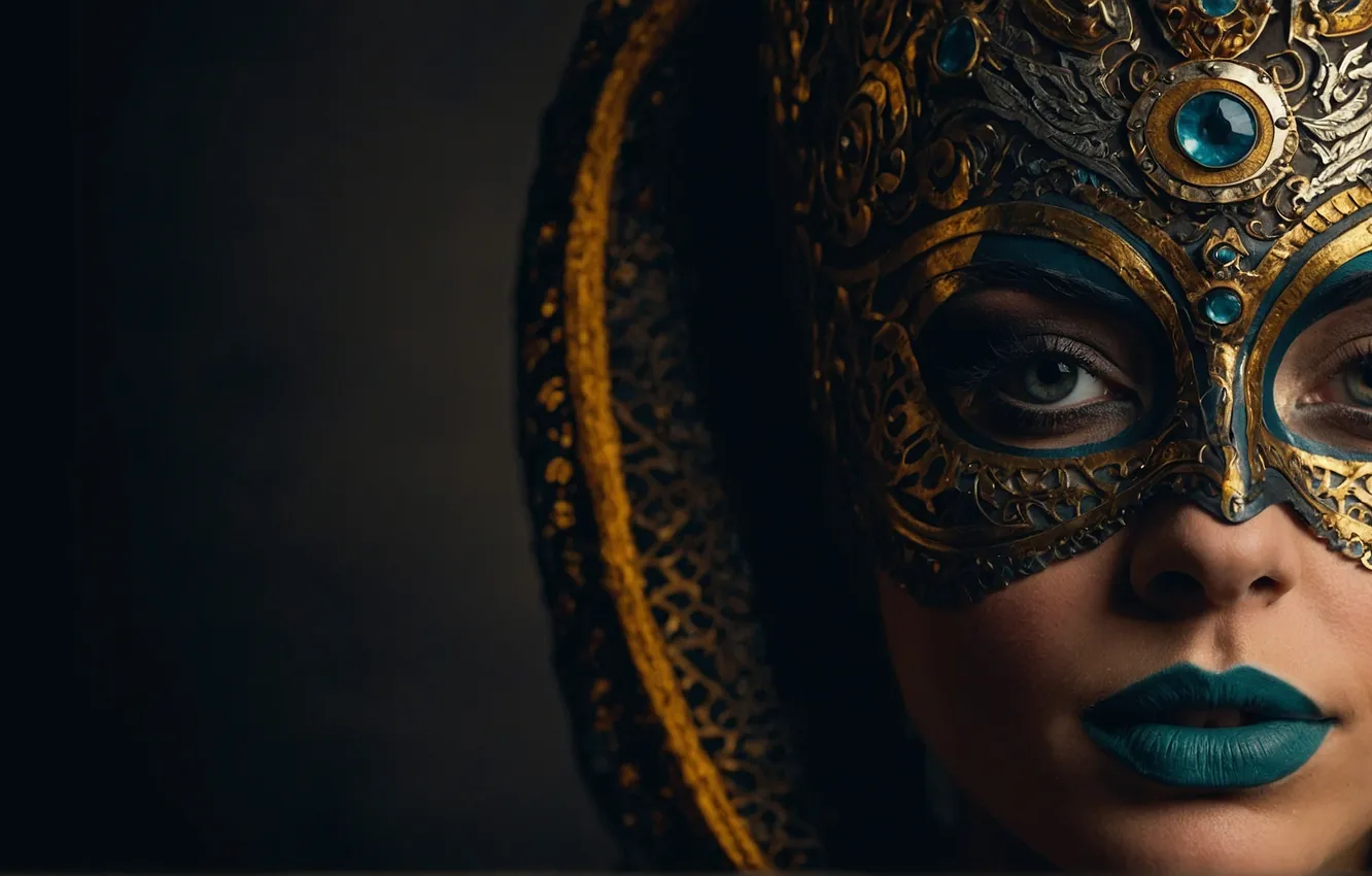 Фото обои girl, eyes, face, mask, portrait, makeup, dark background, Ai art