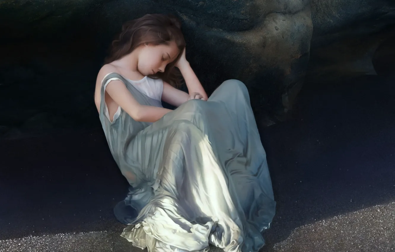 Фото обои песок, девушка, скала, тень, платье, арт, спит, девочка