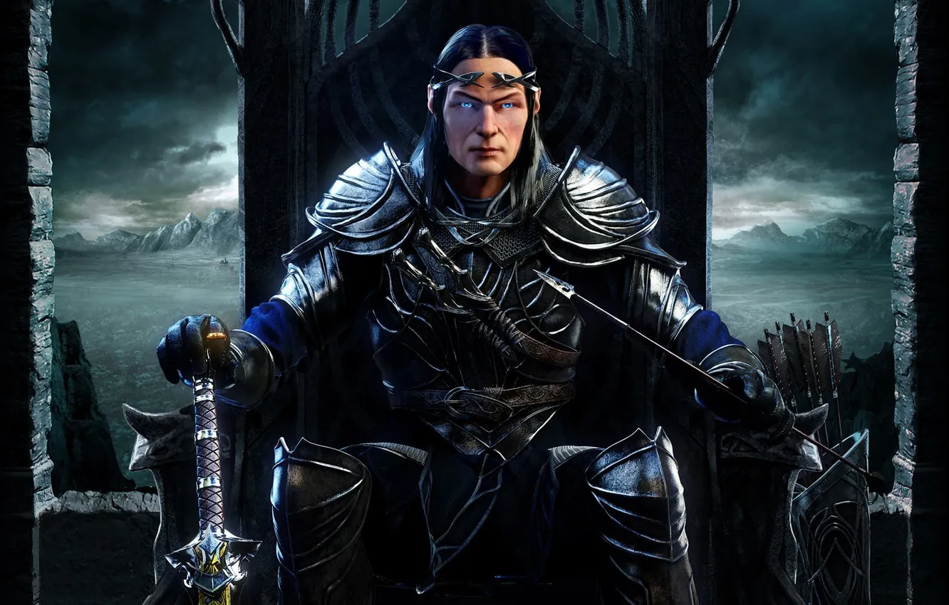 Фото обои эльф, меч, воин, броня, стрелы, трон, кинжалы, кузнец