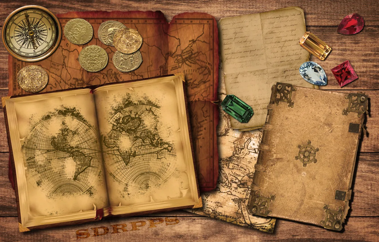 Фото обои gold, old, map, book, compass, ruby, coins, emerald