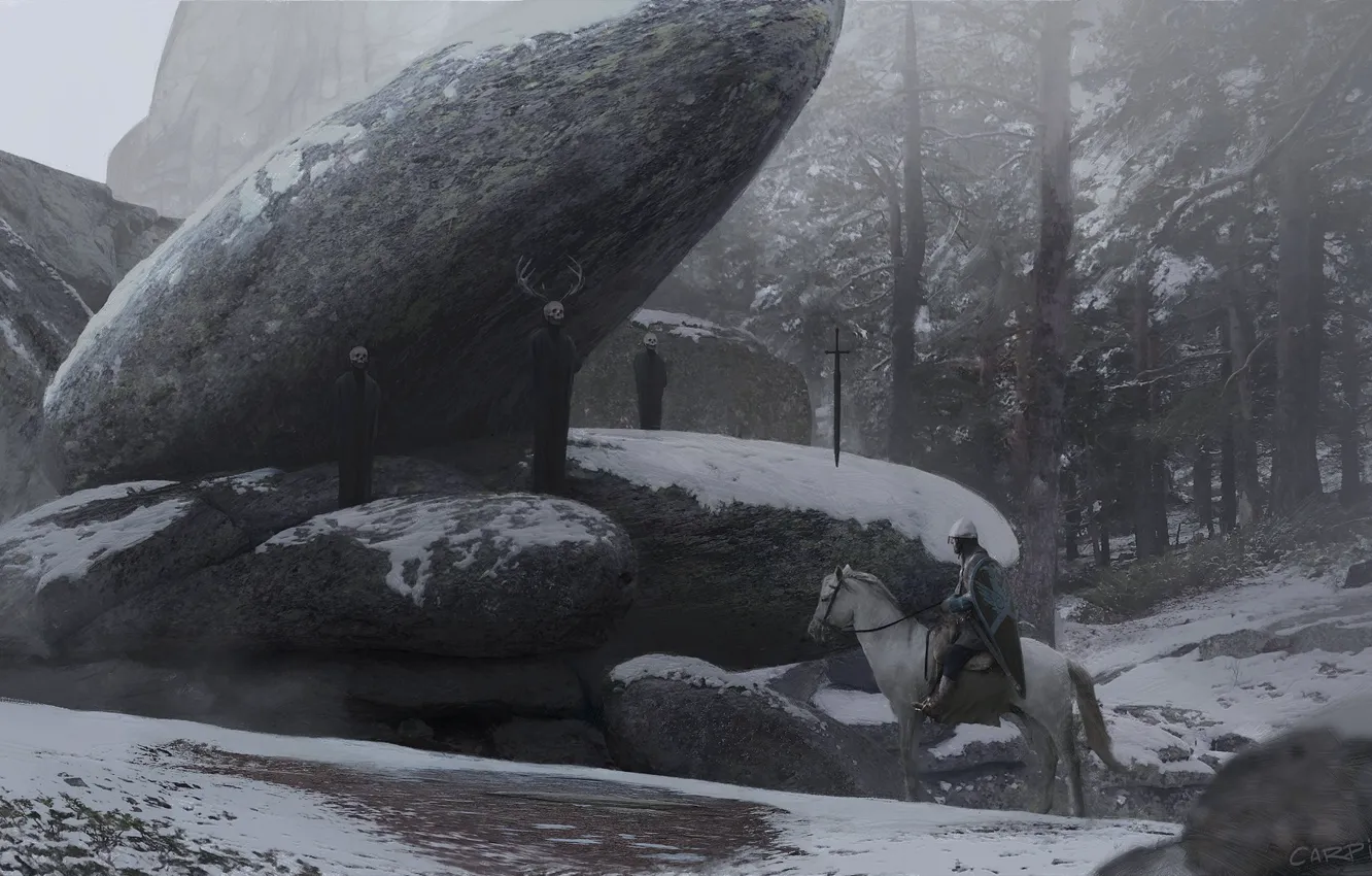 Фото обои лес, снег, горы, камни, всадник, рыцарь, encounter
