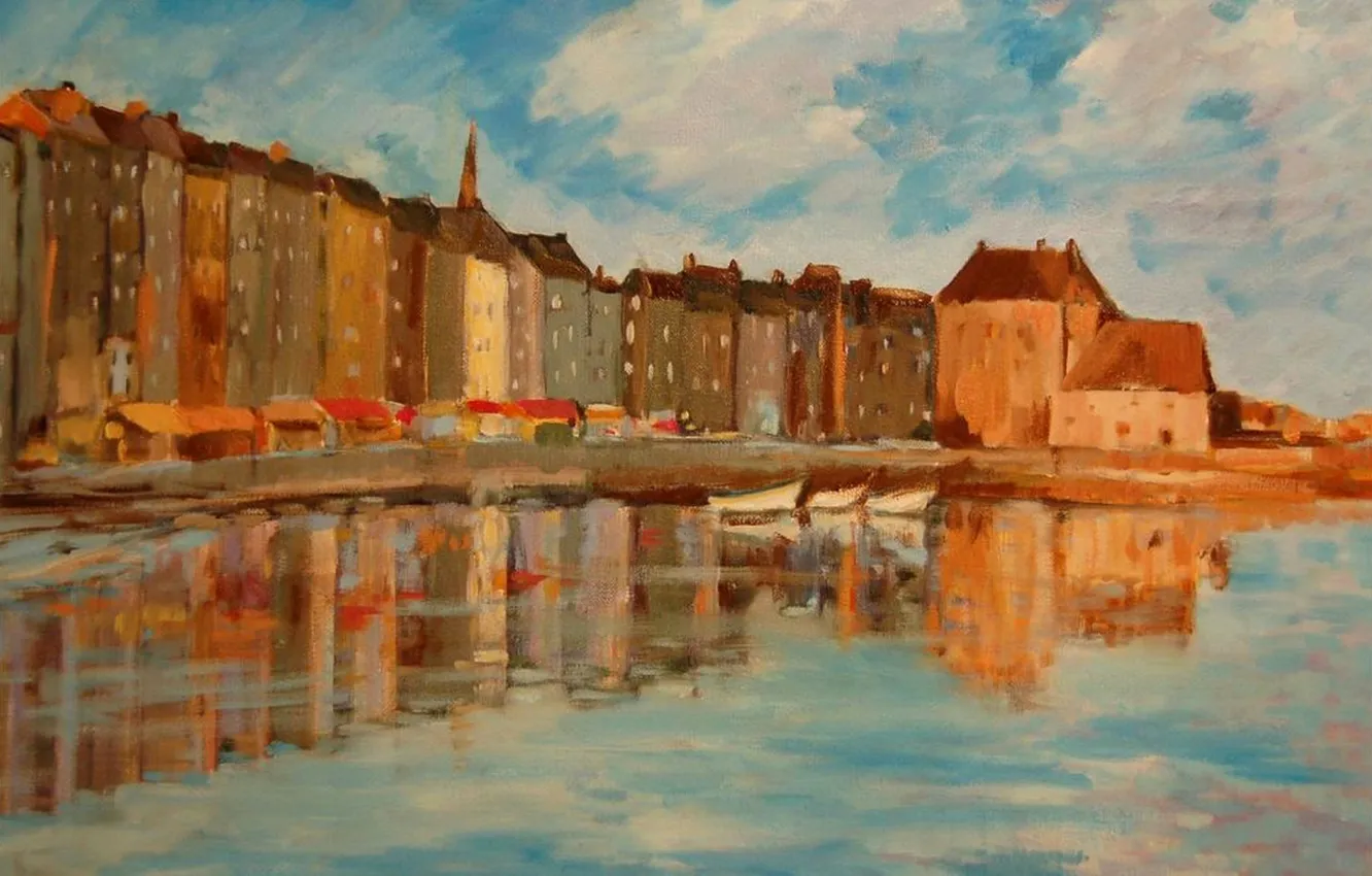 Фото обои море, небо, облака, пейзаж, город, дома, картина