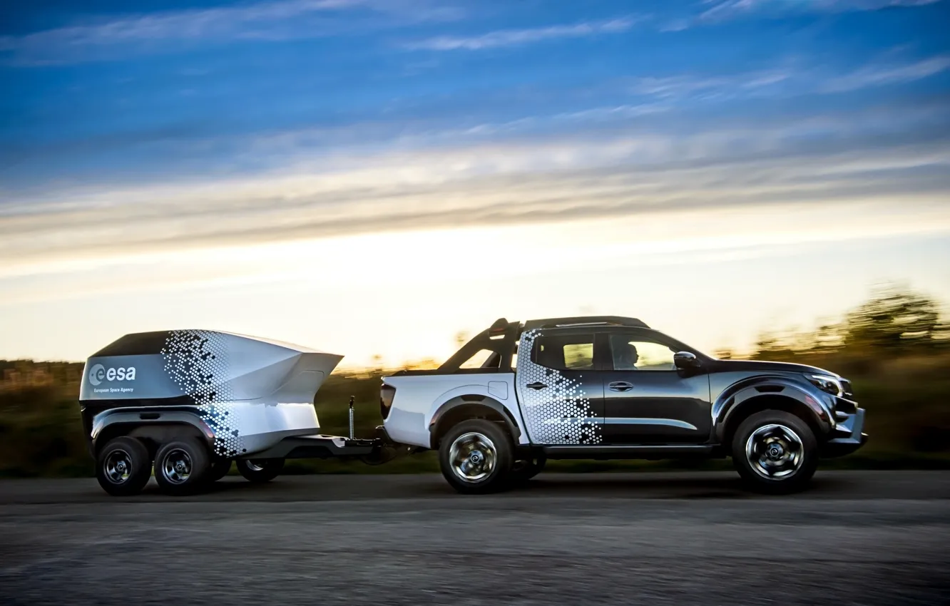 Фото обои дорога, небо, Nissan, пикап, прицеп, 2018, Navara, Dark Sky Concept