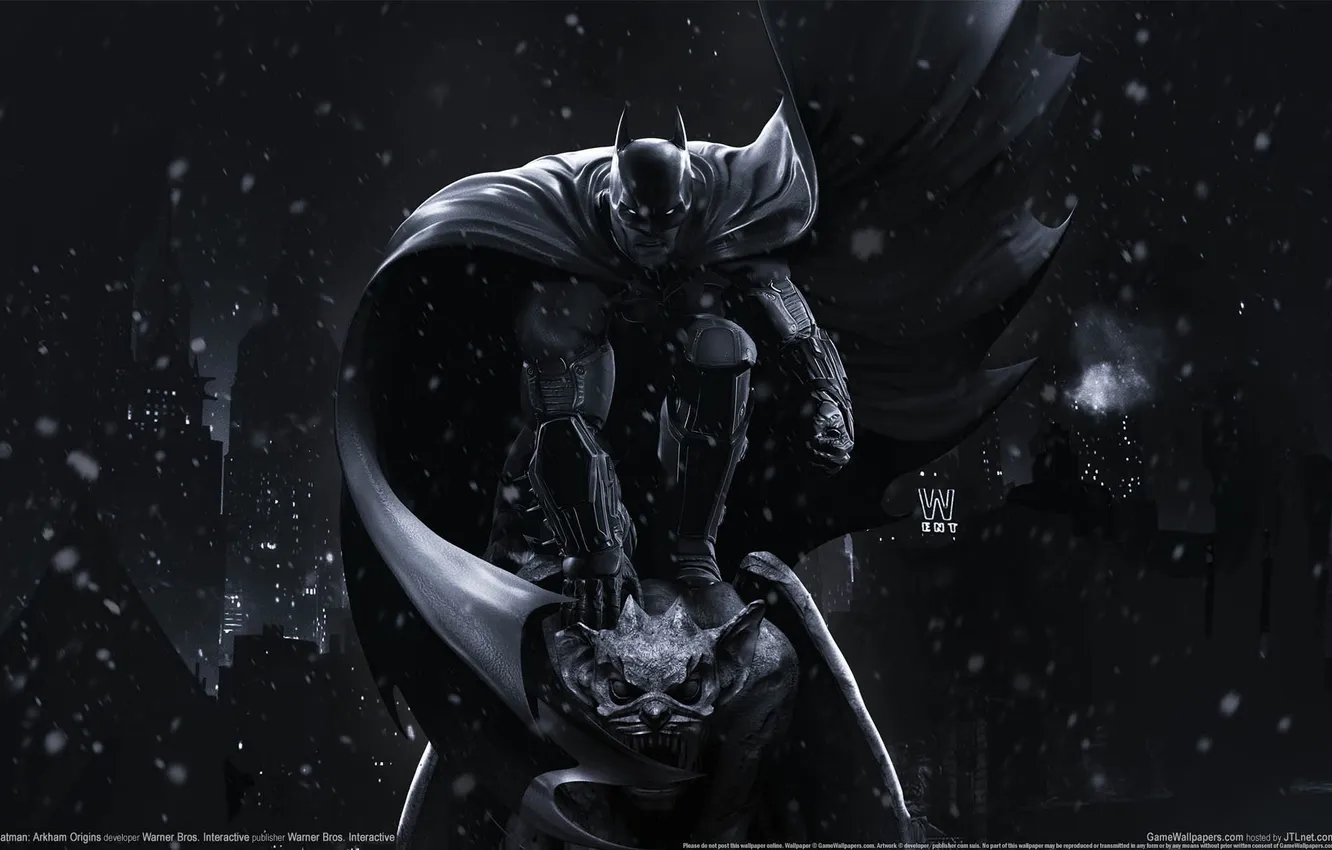 Фото обои ночь, город, игра, герой, Бэтмен, полёт, game wallpapers, Batman: Arkham Origins