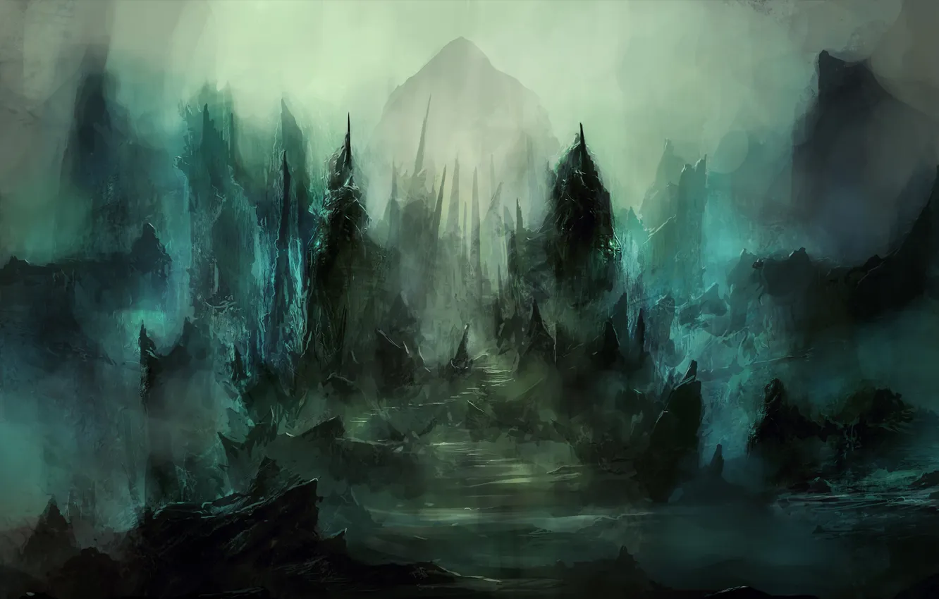 Фото обои горы, ночь, туман, гробница