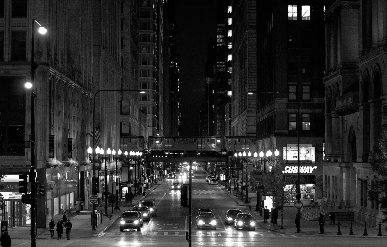 Фото обои машины, ночь, улица, небоскребы, Чикаго, фонари, USA, Chicago