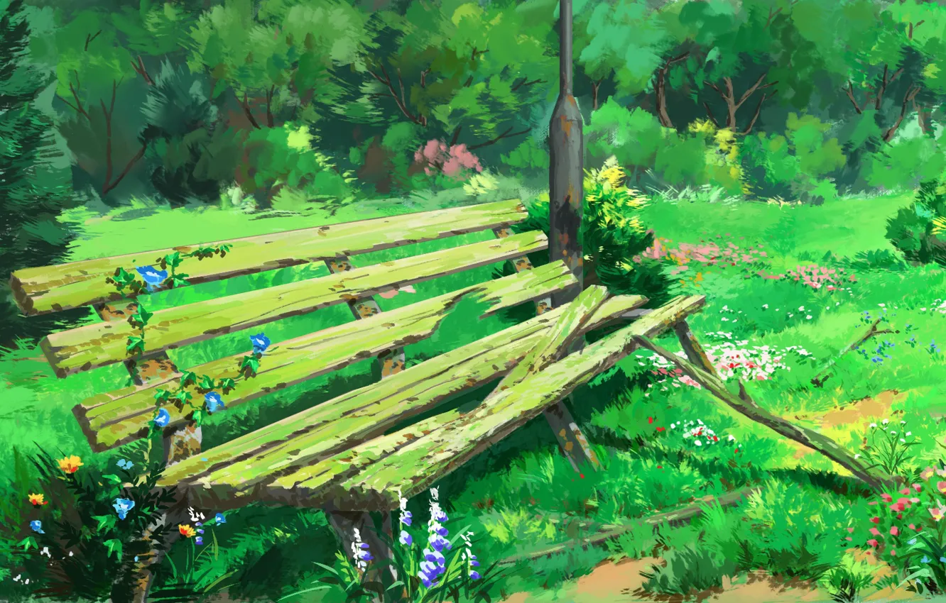 Фото обои зеленая трава, лавочка, полевые цветы, в парке, вьюнок, деревянная скамейка, заброшенная зона, by lv