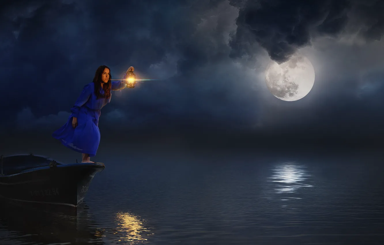 Фото обои девушка, ночь, лодка, лампа