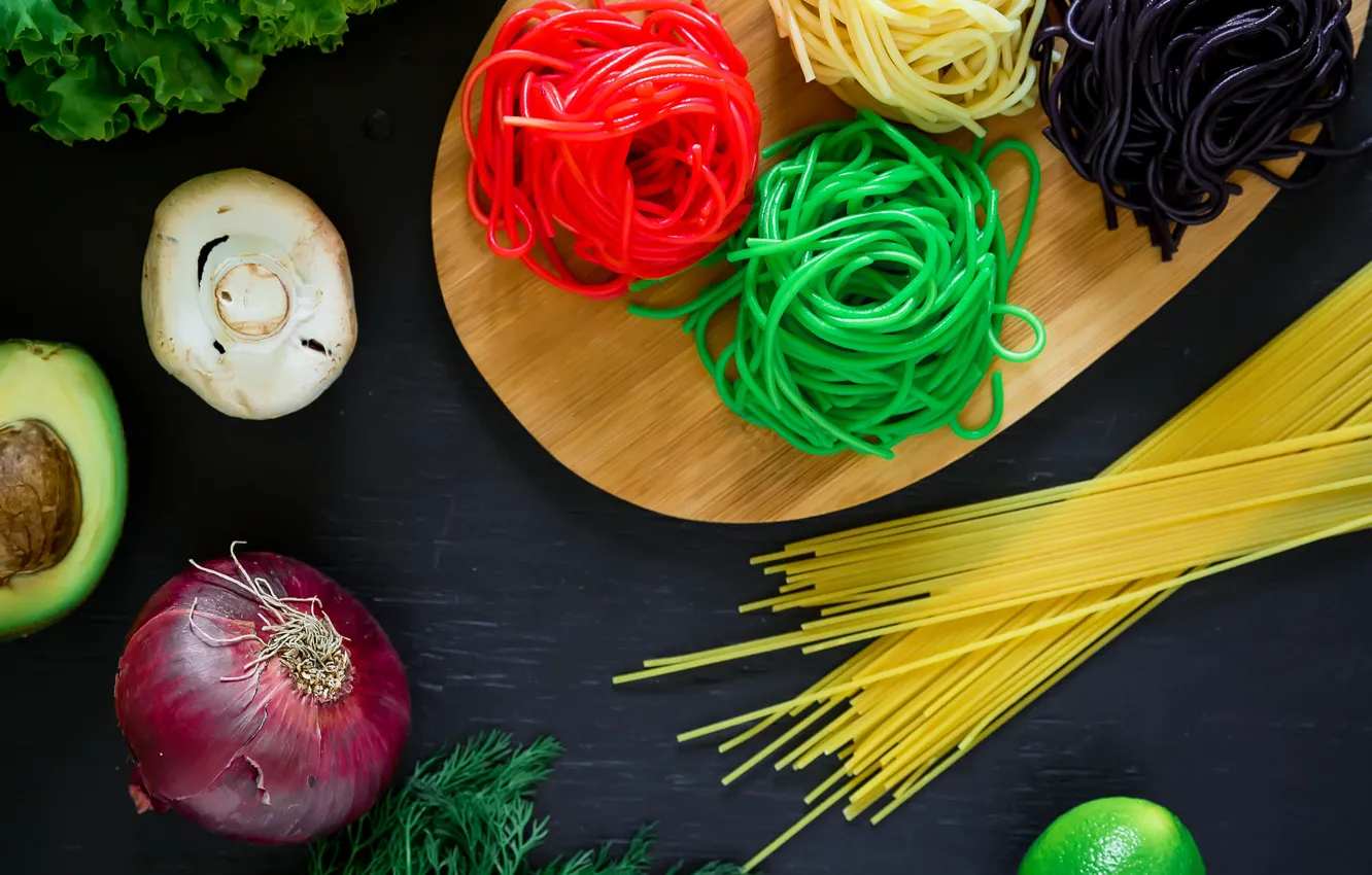 Фото обои еда, лук, укроп, лайм, овощи, спагетти, color, avocado
