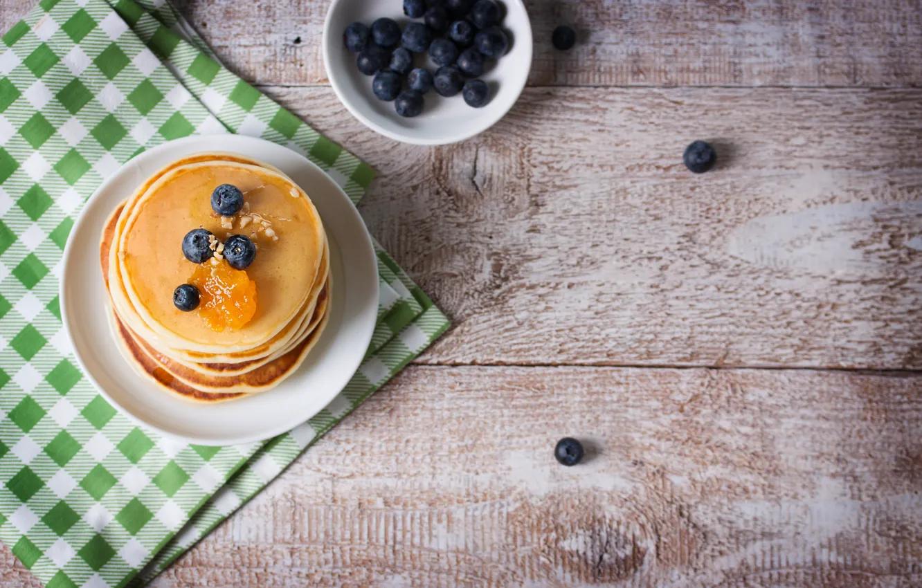 Фото обои еда, завтрак, черника, мёд, блины, pancake