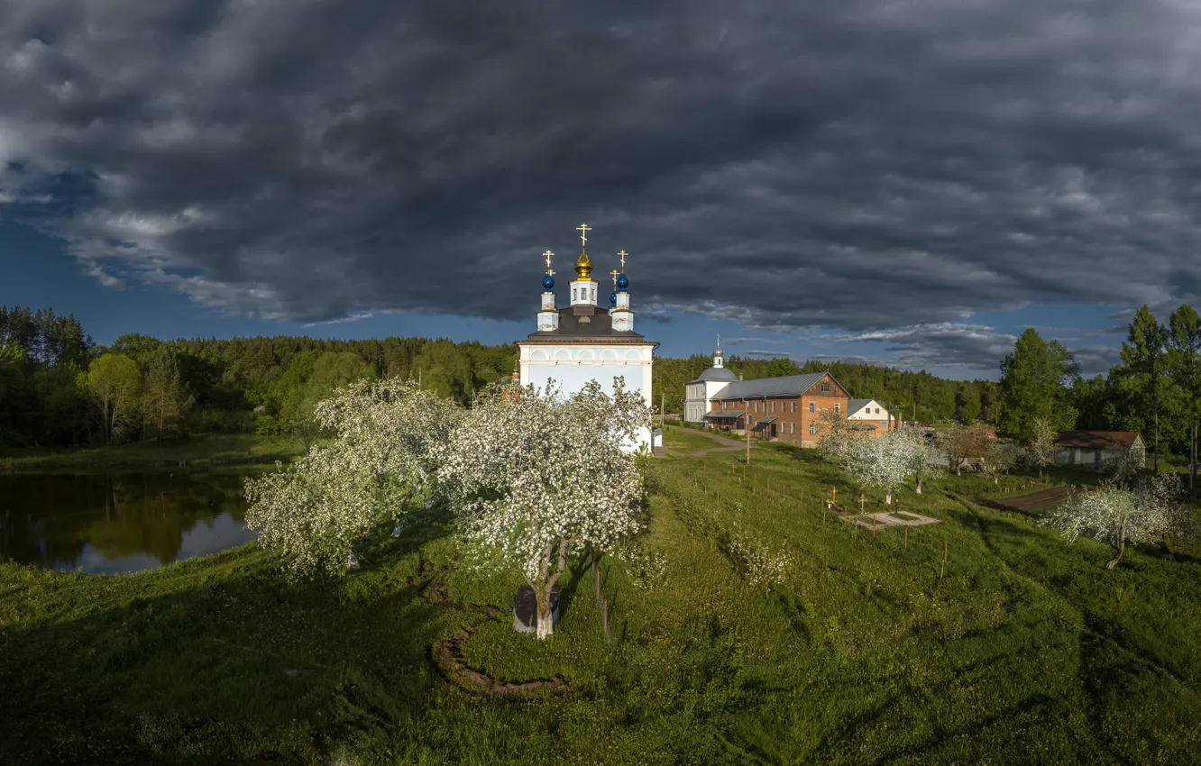 Фото обои вода, пейзаж, тучи, природа, весна, храм, цветение, Илья Гарбузов