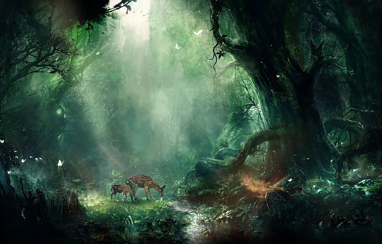 Фото обои fantasy, jungle, night, tree, deer, butterflies
