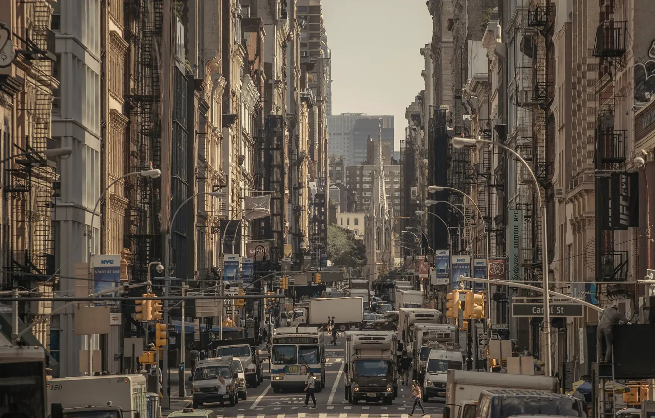 Фото обои машины, улица, дома, Нью-Йорк, вывески, США, Бродвей