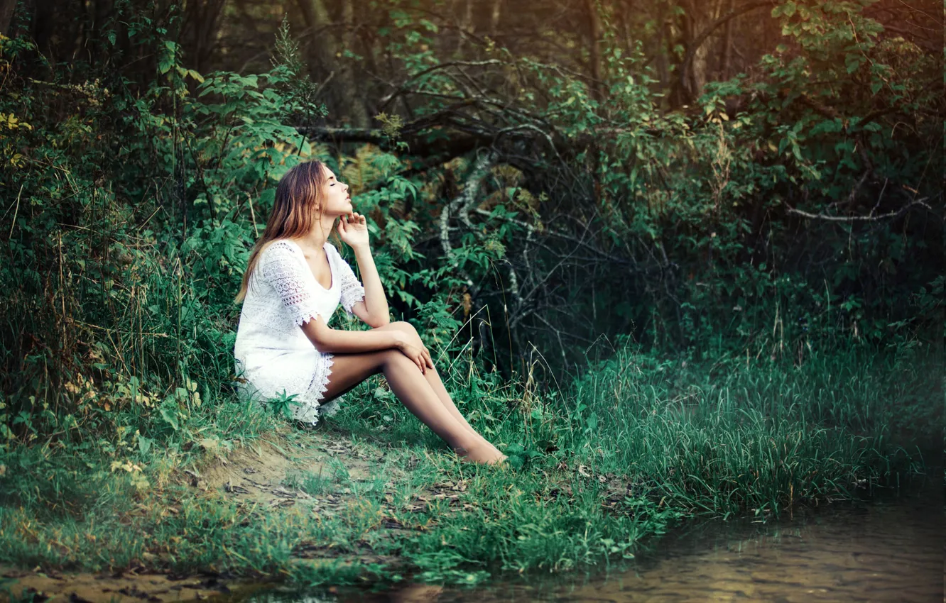 Фото обои лето, девушка, природа, поза, река, платье, Renat Fotov