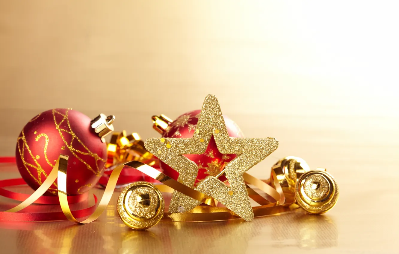 Фото обои шарики, золото, праздник, игрушки, звезда, Новый Год, Рождество, серпантин