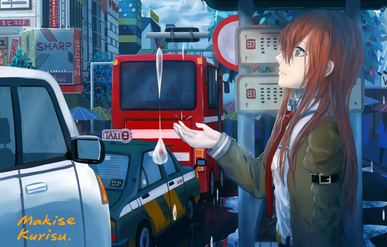 Фото обои взгляд, девушка, капли, город, автобус, автомобили, anime, art