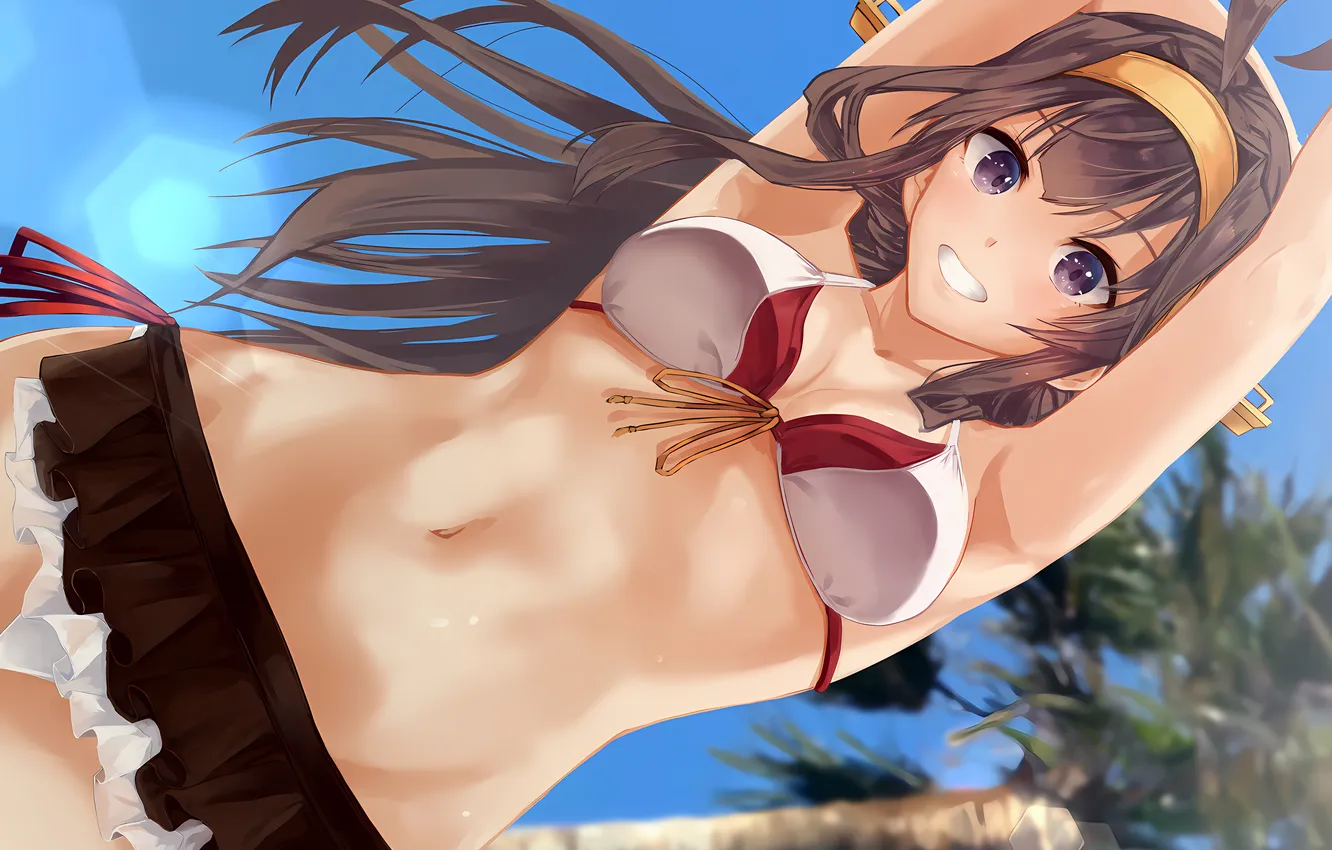 Фото обои girl, sexy, cleavage, long hair, brown hair, boobs, anime, beautiful