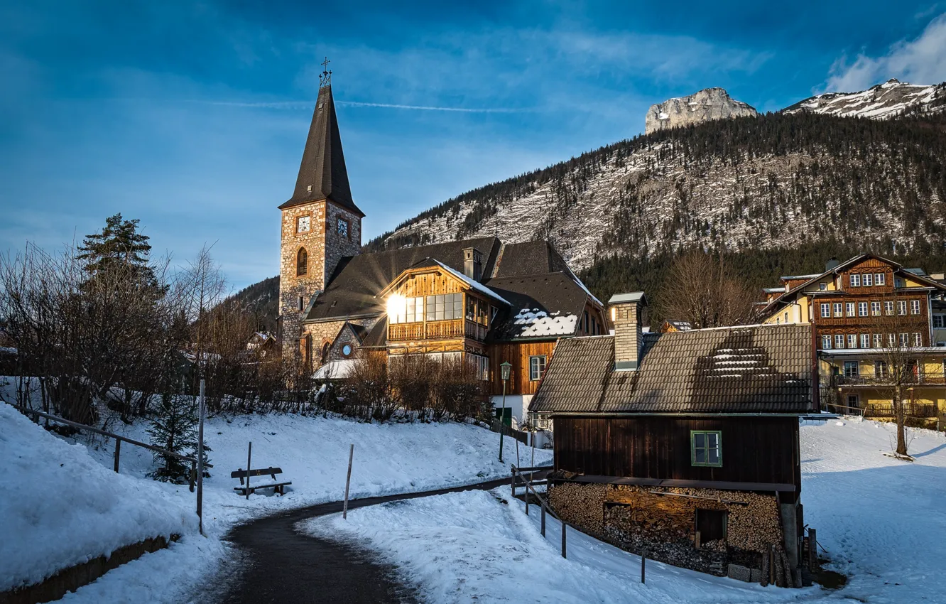 Фото обои зима, пейзаж, дома, Австрия, церковь, коммуна, Altaussee, Альтаусзее