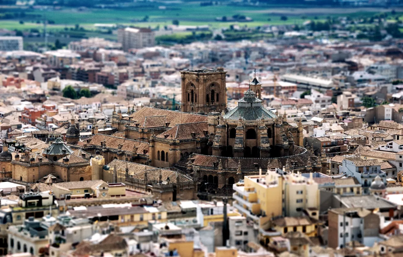 Фото обои дома, крыши, Tilt-Shift, Church, Buildings, Granada Cathedral