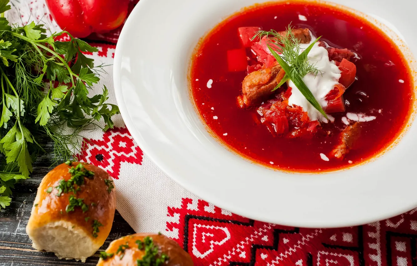 Фото обои зелень, борщ, пампушки